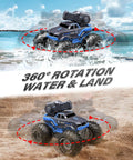 Image of Three In One RC Monster Truck Boat With Water Gun on beach showing 360° rotation on sand and water.