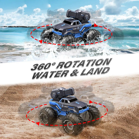Image of Three In One RC Monster Truck Boat With Water Gun on beach showing 360° rotation on sand and water.