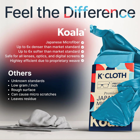 Front view: Koala lens cleaning cloths, Japanese microfiber, pack of 2 in blue and purple for glasses and screens