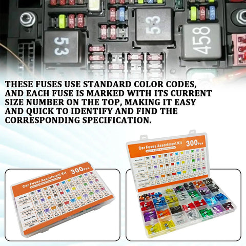 300 Piece Car Fuses Kit All In One Blade Fuse Assortment with color-coded layout for easy identification