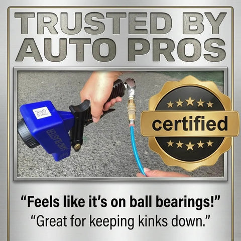 Air Compressor Swivel Connector Kit With 360 Degree Quick Connect Fittings in use showing leak free connection and kink free hose.
