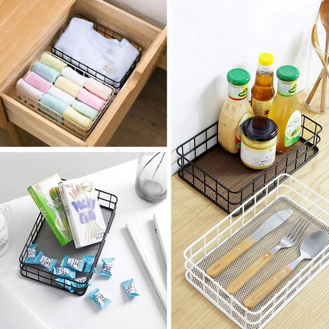 Black Metal Wire Cabinet Organizer And Storage Rack With Iron Grid Mesh Basket, storing clothes, groceries, and utensils in home settings