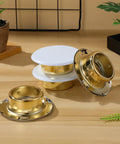 Right On Track Four Pack Flat Round Fire Sprinkler Cover Plates, gold and white, 3.34 inches, durable ceiling caps for concealment.