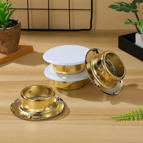 Right On Track Four Pack Flat Round Fire Sprinkler Cover Plates, gold and white, 3.34 inches, durable ceiling caps for concealment.