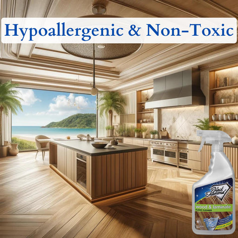 All In One Floor Cleaner Spray For Wood Laminate Hardwood And Luxury Vinyl Floors Delivers Streak Free Clean With Fast Dry No Rinse Formula 32 Oz Bottle For Easy Wipes And Everyday Messes shown in luxurious kitchen setting, highlighting hypoallergenic and non-toxic features.