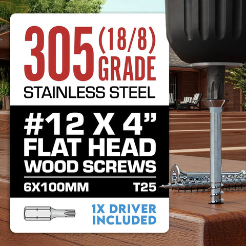 "12 X 4 Inch Type 305 Stainless Deck Screws Flat Head Torx T25 Drive Rust Resistant For Outdoor Decking And Woodwork"