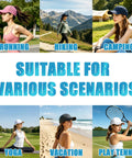 Women wearing criss cross ponytail baseball caps in various outdoor activities, illustrating versatility and UV protection.