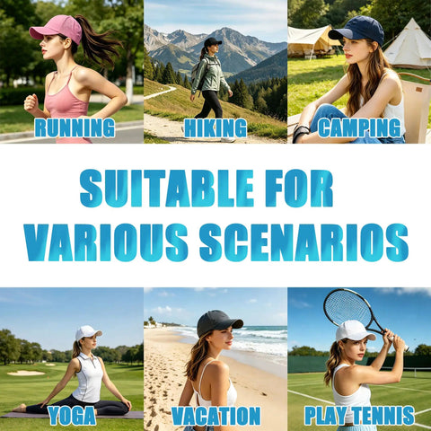 Women wearing criss cross ponytail baseball caps in various outdoor activities, illustrating versatility and UV protection.