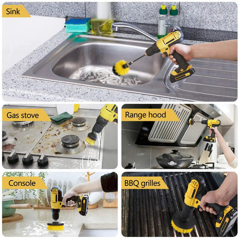 Power Scrub Drill Brush Attachment Set used for cleaning sink, gas stove, range hood, console, and BBQ grills.