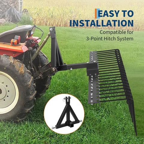 Tow Behind Lawn Dethatcher, 60 Inch Wide With 21 Steel Tines, Category 1 Three Point Hitch Tractor Attachment For Leaves