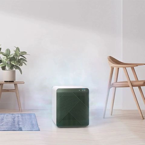 Alt Tag: Bespoke Cube Air Purifier in modern room with light wooden floor and plants