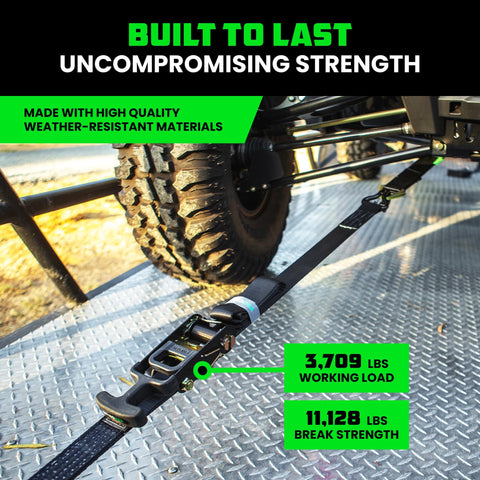 Heavy Duty 2 Inch By 8 Foot Car Tie Down Straps With J Hooks, 10,000 Lb Break Strength attached to vehicle tire