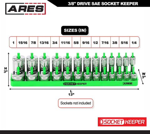 8 Piece Metric And SAE Socket Organizer Tray Set Black And Green Socket Holders For Standard And Deep Sockets Stores 176 Sockets With High Visibility Markings And Vertical Peg Board Design For Grab And Go Access showing size dimensions.