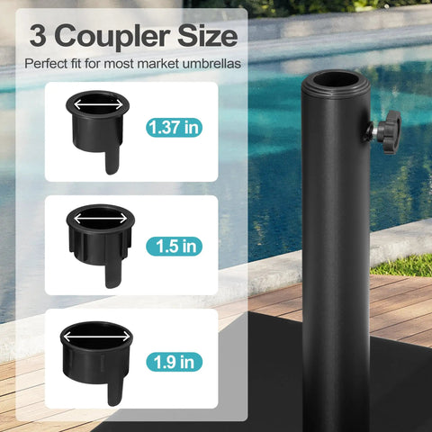 Heavy Duty 43Lb Concrete Patio Umbrella Base With Wheels showing 3 different coupler sizes for market umbrella fit