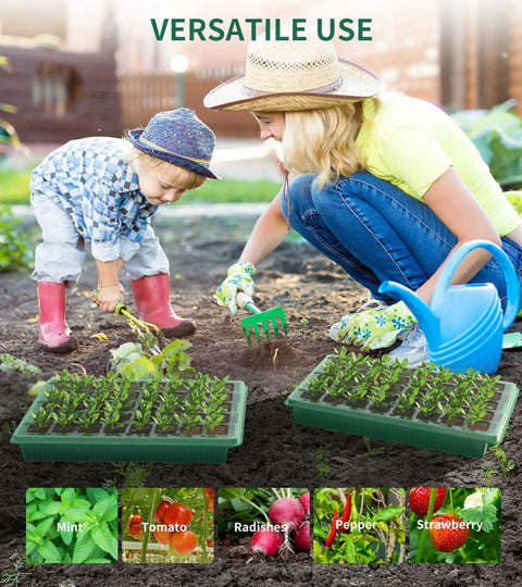 Mother and child gardening with green base two-pack 80 cell seedling starter trays with grow light and humidity dome.
