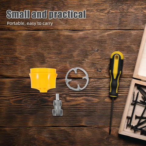 Osaladi Electric Drill Pipe Threader Kit With Alloy Iron Dies For 1/2 And 3/4 Inch Water Hose Pipes Stable Clamping Easy Handle Rugged Construction Plumbing Hardware Tool Quick Threading components on wood surface.