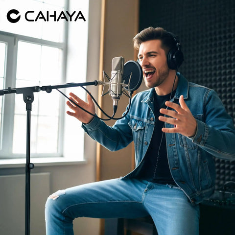 Man singing into mic on Floor Mic Stand With Adjustable Tripod Boom Arm, Carrying Bag, Two Mic Clips, And Three Eighths To Five Eighths Inch Adapter For Singing And Podcast Setup.