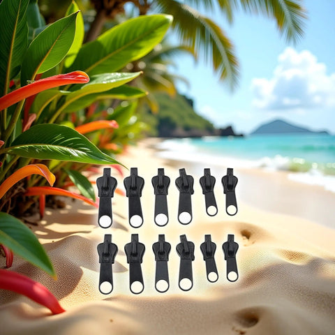 12 Piece Black Zipper Repair Kit With Replacement Sliders And Teeth Universal Fit on a sunny beach backdrop