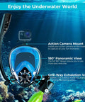 0.5L Portable Scuba Diving Tank With Snorkel Mask Dual Function Full Face Underwater Breathing System showing action camera mount