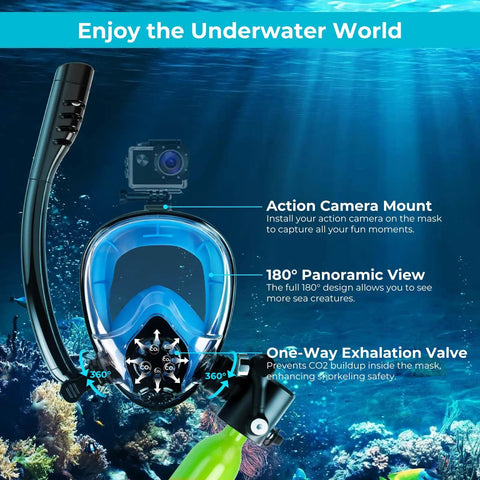 0.5L Portable Scuba Diving Tank With Snorkel Mask Dual Function Full Face Underwater Breathing System showing action camera mount
