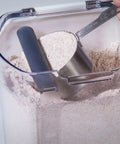 Flour Storage Canister 4 Quart Airtight Container With Silicone Seal And Stainless Steel Hinges, BPA Free Plastic, in use