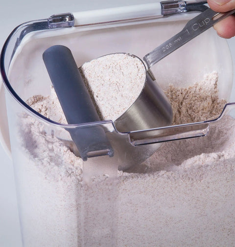 Flour Storage Canister 4 Quart Airtight Container With Silicone Seal And Stainless Steel Hinges, BPA Free Plastic, in use