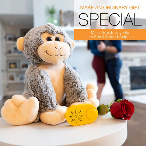 Plug And Play MP3 Sound Module For Stuffed Animals With Extended Two Hour Recording Time featuring a plush monkey and music box