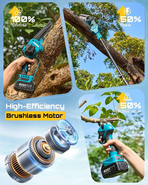 4 In 1 Pole Saw And Pruning Shears Kit For Tree Trimming Battery Powered Mini Chainsaw With Extension Pole Limb Cutter