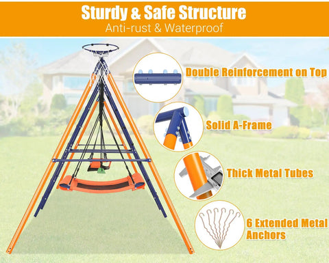 Backyard Swing Set With 700 Lb Capacity Six In One Outdoor Kids Playset With Heavy Duty Metal Frame and Anchors