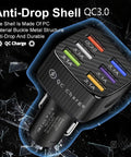 Multiport Car Charger Adapter With QC 3.0 Fast Plug Hub And Universal USB Power, six port adapter in anti-drop shell design.