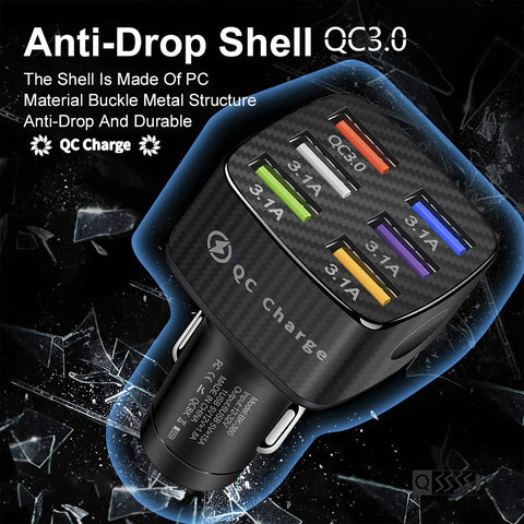 Multiport Car Charger Adapter With QC 3.0 Fast Plug Hub And Universal USB Power, six port adapter in anti-drop shell design.