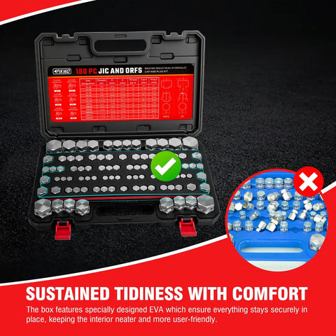 Pikwo 180 Pc Master Industrial Hydraulic Cap And Plug Kit For Hose Tube Pipe Fitting with organized caps and plugs.