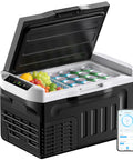 22Qt Portable Car Fridge And Freezer With Dual 12V Dc And 110V Ac Plugs, Compact RV cool box with drinks and fruits inside.