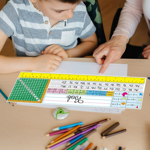 Child learning with 40 Piece Waterproof Desk Nameplates For Classroom Use Kid Friendly Multipurpose Name Tags, featuring math tables.