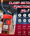 6000 Count Digital Clamp Meter With True RMS for AC and DC Voltage, used in electrical panel testing with digital display
