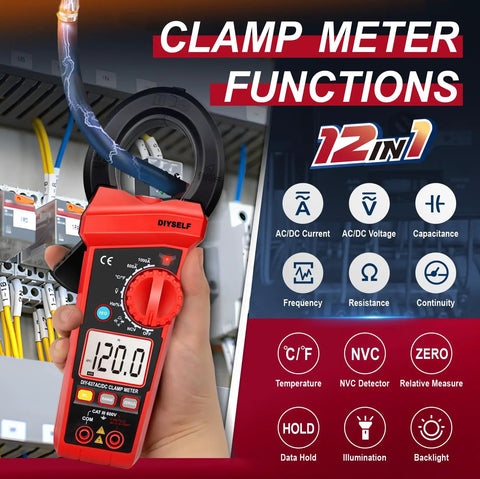 6000 Count Digital Clamp Meter With True RMS for AC and DC Voltage, used in electrical panel testing with digital display