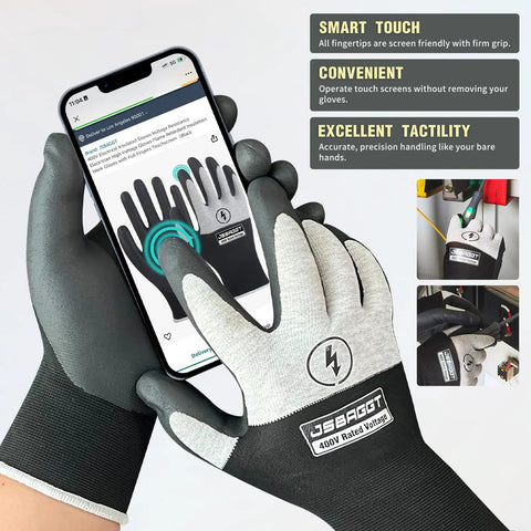 Pro Grade Insulated Electrician Gloves For 400V Work High Voltage Protection, flame retardant rubber palm, touch-screen ready.