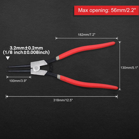 Heavy Duty 13 Inch Snap Ring Pliers External Circlip Pliers With Straight Jaw, red PVC handle, dimensions shown