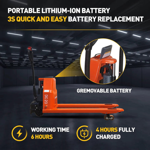 Heavy Duty Electric Pallet Jack With 4400 Lb Capacity And Lithium Battery, showing portable battery compartment and controls.