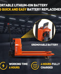 Heavy Duty Electric Pallet Jack With 4400 Lbs Capacity featuring portable lithium-ion battery and quick replacement function.