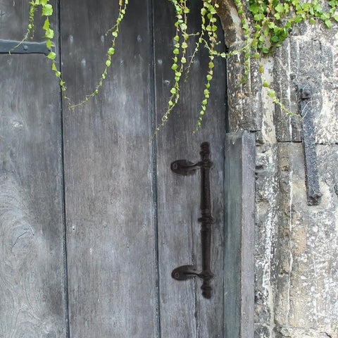Rustic Cast Iron Outdoor Gate Handle With Knob Pulls For Garden Fence And Cabinet Hardware on a wooden garden gate