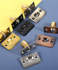 4 Pack Adjustable Ball Catch Latch with screws for closet and cabinet doors, shown in various colors on blue and yellow background