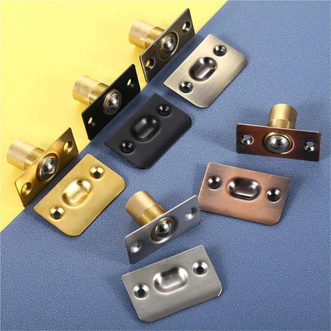 4 Pack Adjustable Ball Catch Latch with screws for closet and cabinet doors, shown in various colors on blue and yellow background