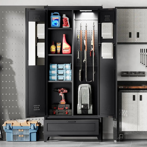 Beefy Steel Garage Storage Cabinet With Adjustable Shelves And A Drawer For Tools And Vacuum Storage Built For Tough Jobs In Home Garage Gym Basement Or Warehouse Black Powder Coat Finish And Tip Resistant Base For Stability