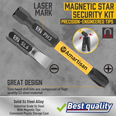 Close-up of magnetic star security kit with S2 steel slotted and Phillips drill bits, focus on precision-engineered tips and brand.