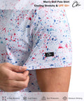 Close-up of Men's Golf Polo Shirt Short Sleeve Dry Fit Performance Moisture Wicking with white dots print in XL.