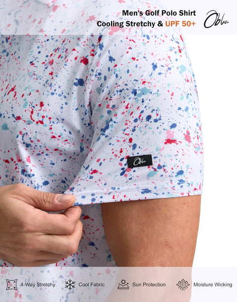 Close-up of Men's Golf Polo Shirt Short Sleeve Dry Fit Performance Moisture Wicking with white dots print in XL.