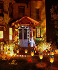 Outdoor Solar Torch Lights 6 Pack With Realistic Flickering Flame Effect installed in front yard, illuminating pathway.