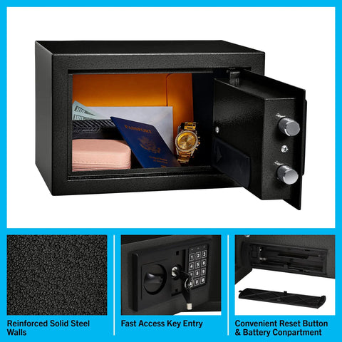Electronic Steel Safe With Keypad And Manual Override For Home Or Office open showing contents like passports and watch.