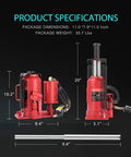 SPECSTAR red 20-ton air-hydraulic bottle jack for auto repair; front and side views with lifting rod.